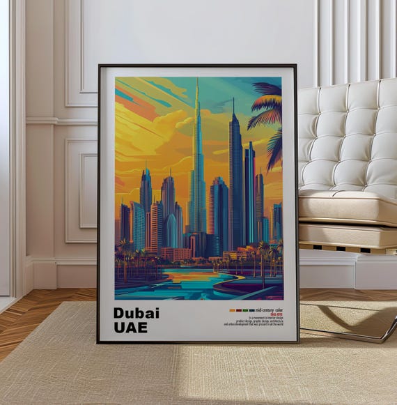 Dubai Uae Mid Century Modern Architecture Art Print Retro Minimalist City Poster With Geometric Design Bold Mid Century Dubai Life