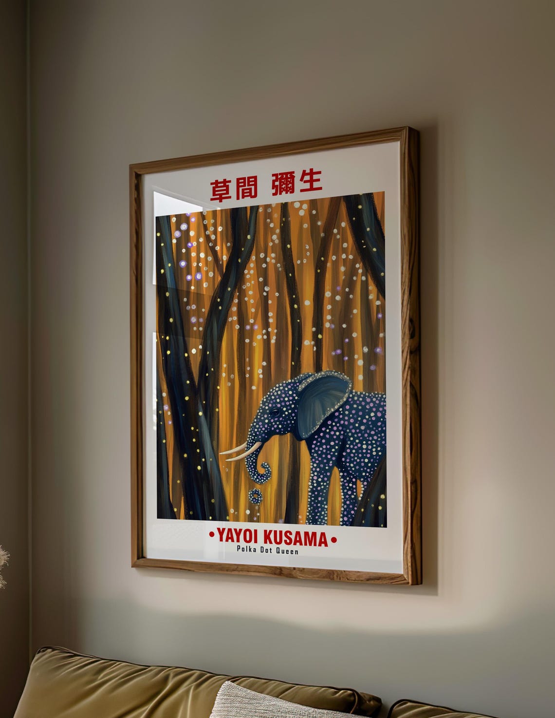 Yayoi Kusama-Inspired Blue Elephant Golden Forest Art Poster - Image 2