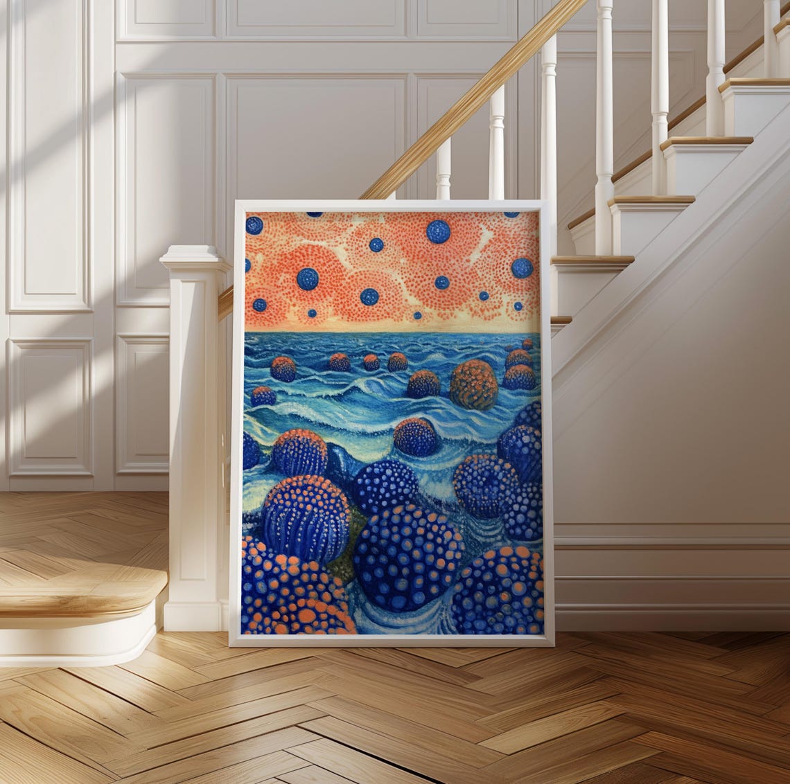Kusama Inspired Blue Waves Orange Sky Polka Dot Pop Art Poster - Image 2
