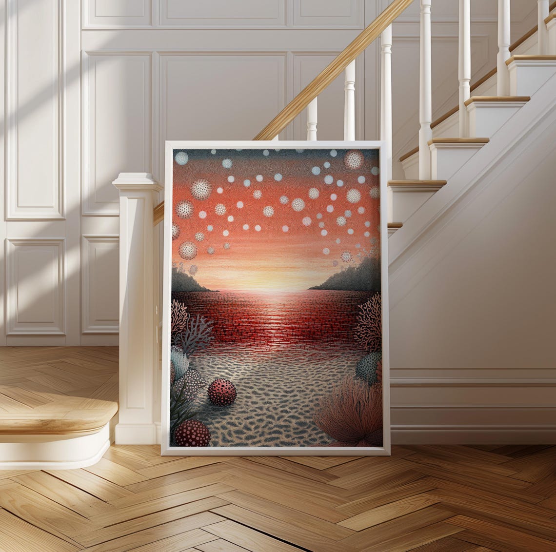Kusama Inspired Crimson Sunset Sea Coral Dot Landscape Poster - Image 2