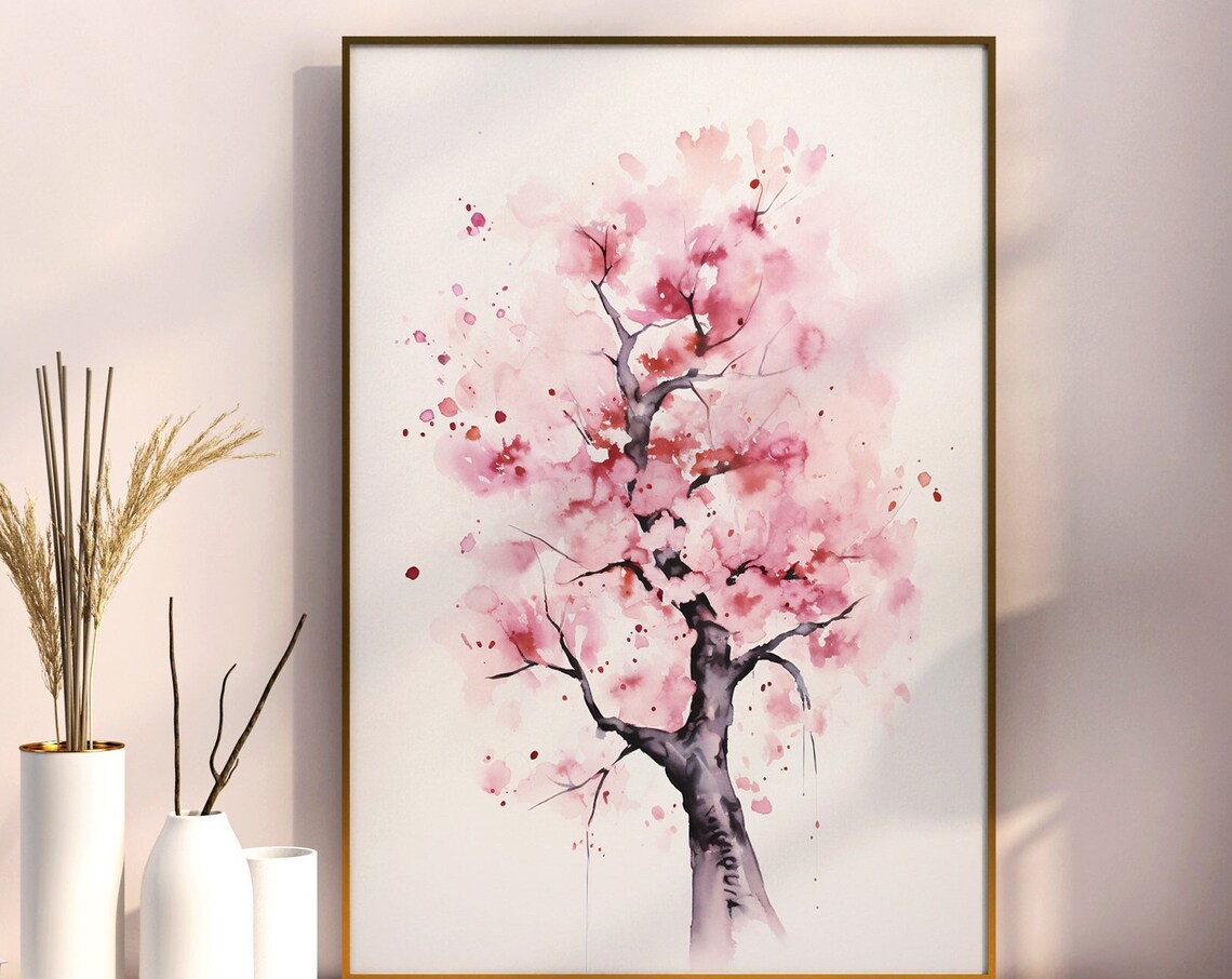 Full Cherry Blossom Tree Pink Watercolor Splatter Art Poster - Image 5