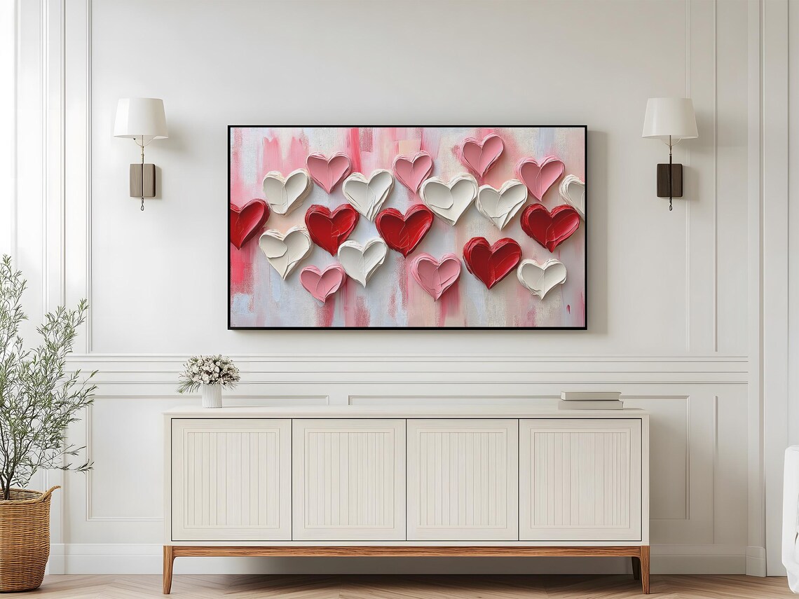 Romantic Textured Heart Painting Frame Tv Art Oil Paint Abstract Palette Knife Red White Love Art Trendy - Image 4