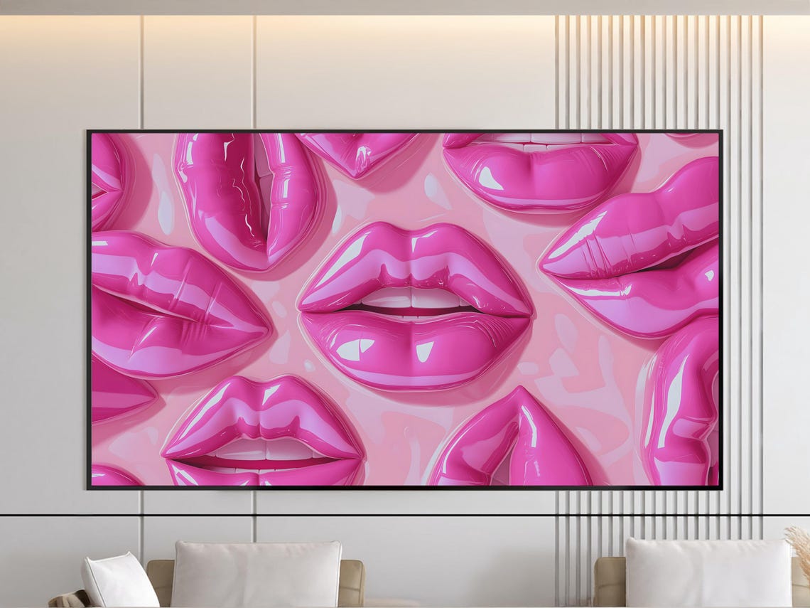Pink Glossy Lips Art For Frame Tv Hyper Realistic Pink Glossy Trendy Wall Decor Bold Art Modern Pop Art - Image 2
