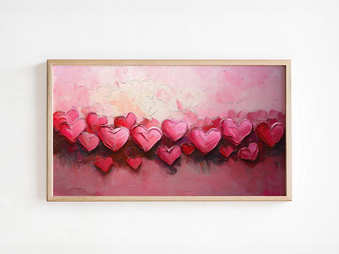 Romantic Pink Impasto Hearts Oil Painting Textured Love Wall Art Decor