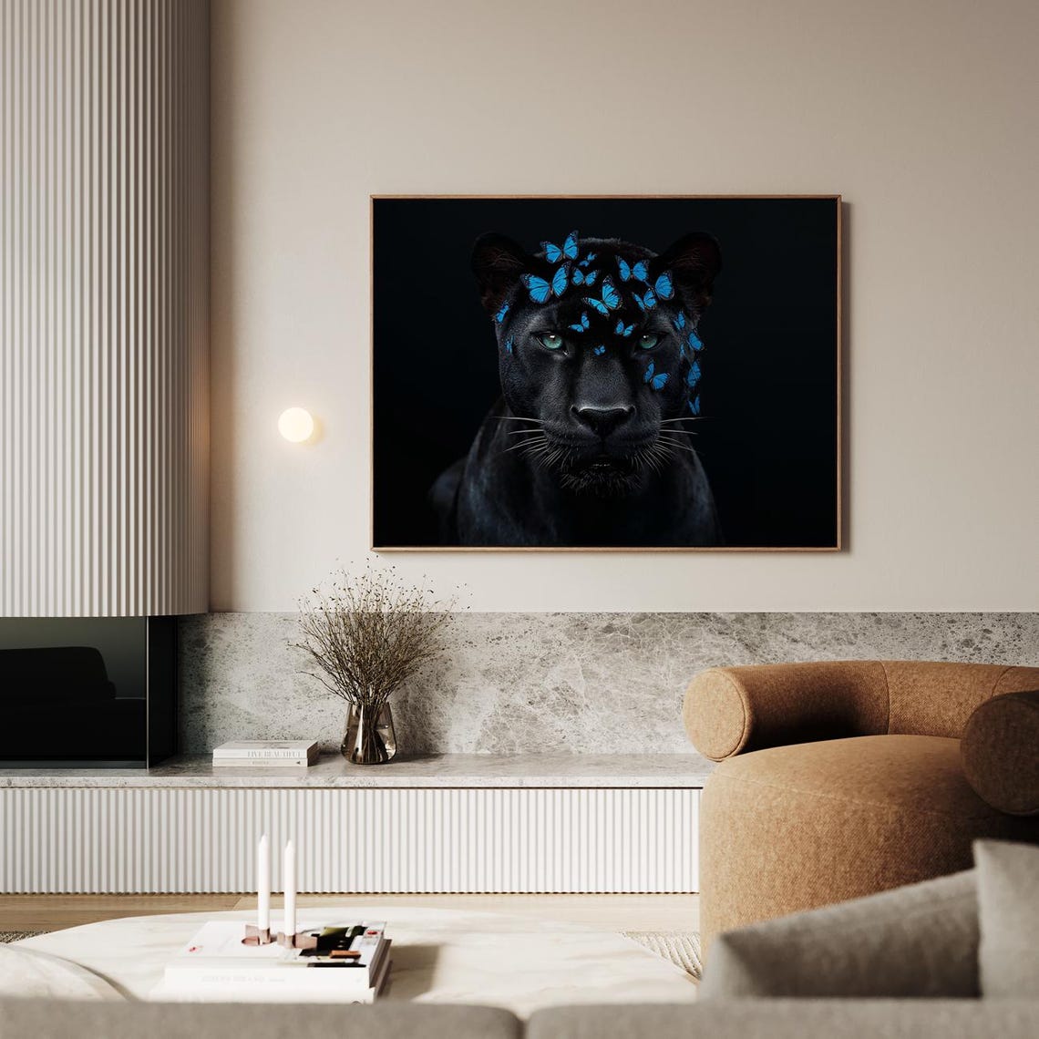Black Panther Blue Butterflies Green Eyes Dark Moody Art Print