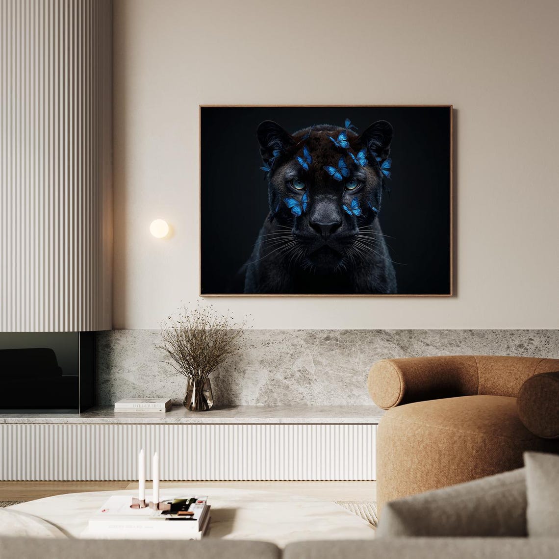 Black Panther Blue Butterflies Emerald Eyes Dark Night Wall Art