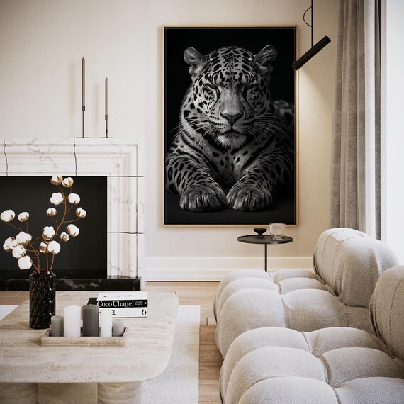 Leopard Close Up Black White Big Cat Portrait Moody Wildlife Photo Poster