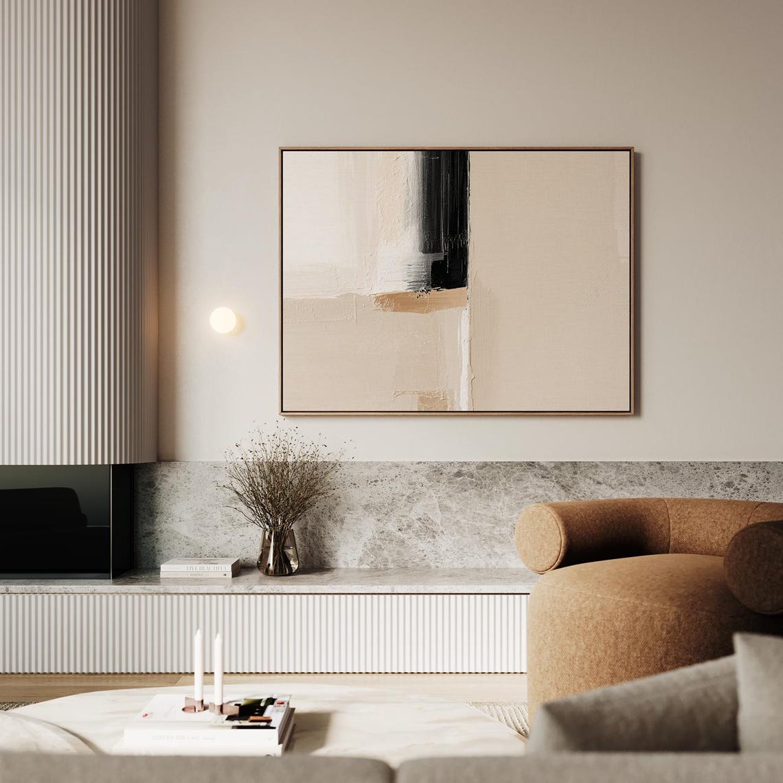 Soft Beige Neutral Abstract with Black Brushstroke Minimal Poster