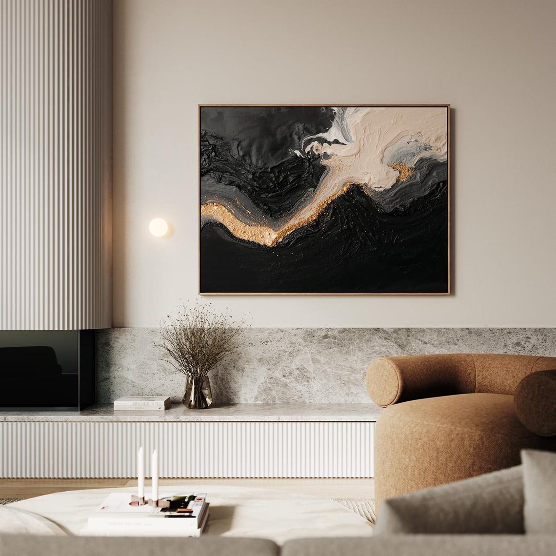 Golden River Stream Black Abstract Luxe Modern Fluid Art Print