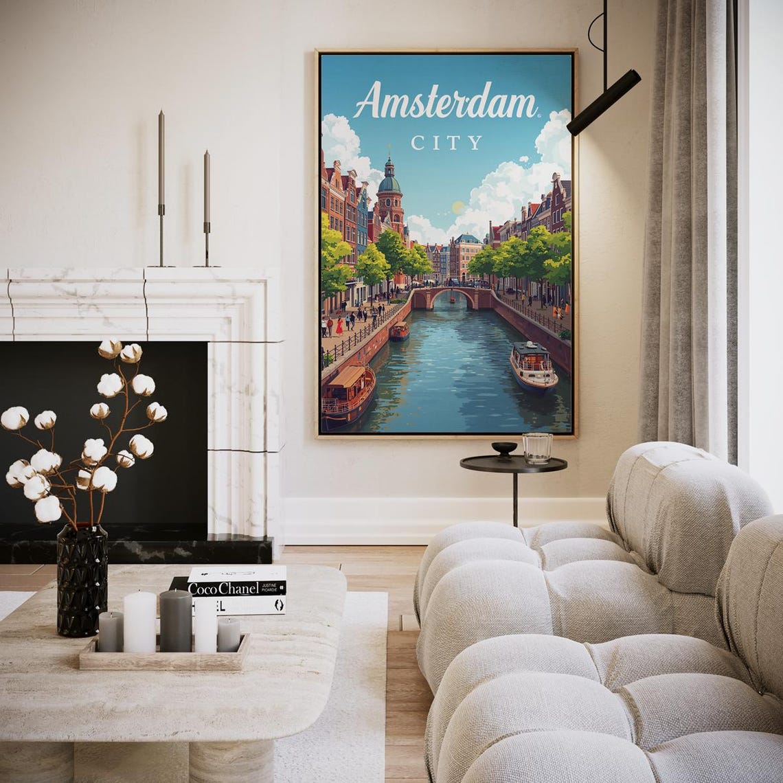 Amsterdam City Canal Boats Bridge Classic Dutch Scene Travel Poster