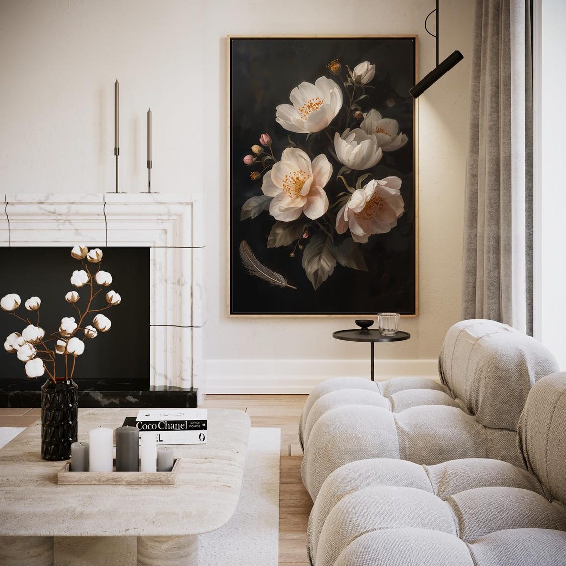 White Flowers Feather Dark Moody Botanical Still Life Wall Art