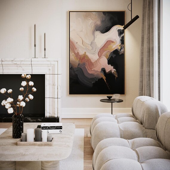 Blush and Gold Fluid Marble Waves on Black Abstract Wall Art