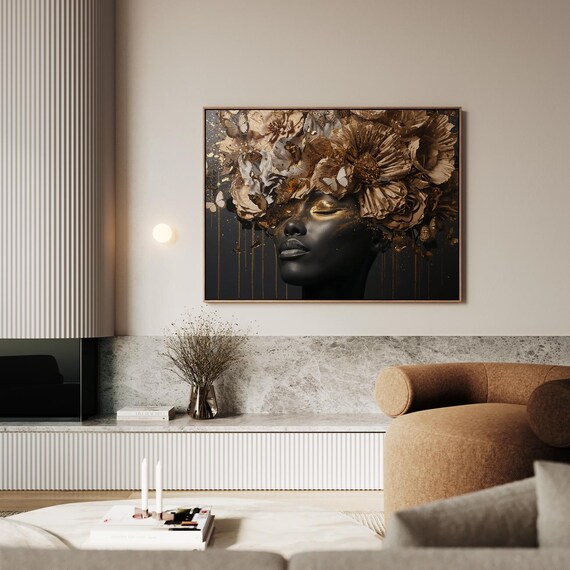 African Female Portrait Golden Flowers Butterflies Dark Beauty Art Poster
