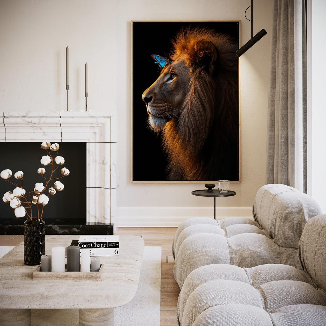 Lion Profile with Blue Butterfly Black Background Wildlife Wall Art