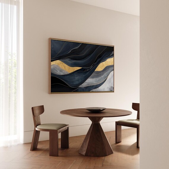 Golden Waves Dark Ocean Abstract Gold Grey Flowing Art Poster