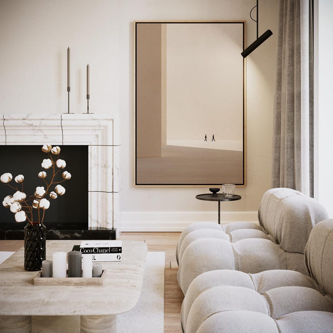 Beige Minimalist Two Figures Walking Abstract Calm Home Decor Poster