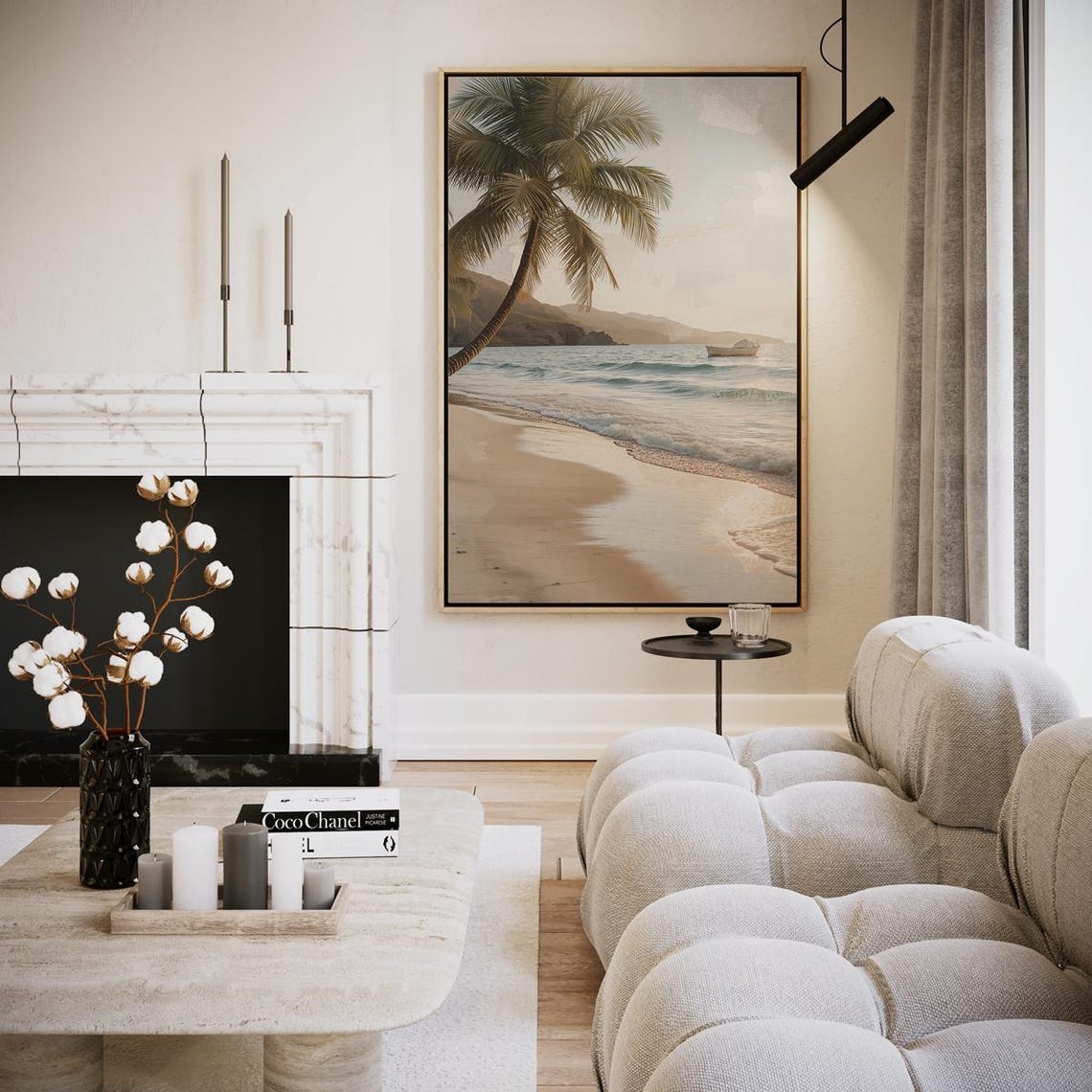 Tranquil Tropical Beach Palm Tree Waves Neutral Coastal Escape Poster