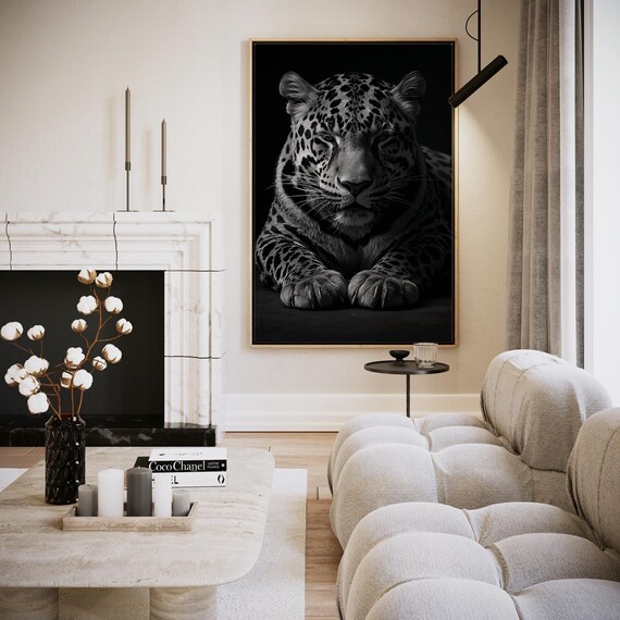 Black And White Leopard Portrait Dark Monochrome Wildlife Photo Art Poster