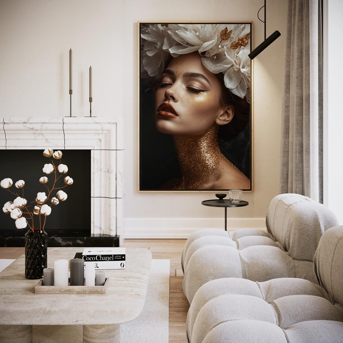 Golden Woman White Flower Crown Glitter Glamour Portrait Art Poster
