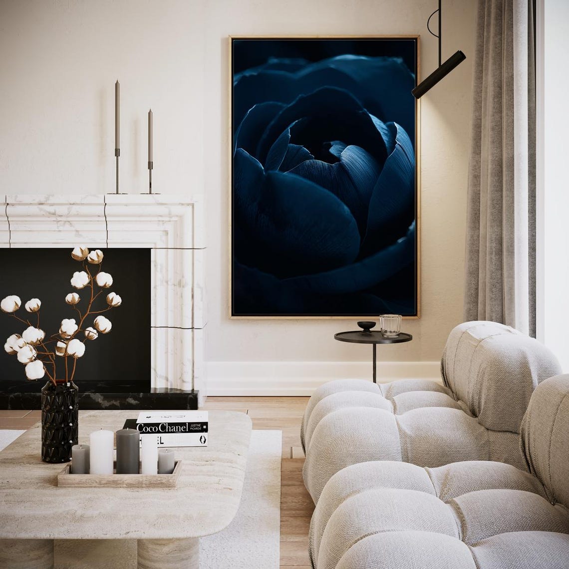 Dark Midnight Blue Flower Close Up Moody Botanical Art Poster