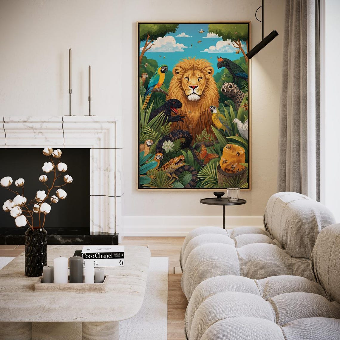 Colorful Jungle Animals with Lion Parrots and Leopard Art Print