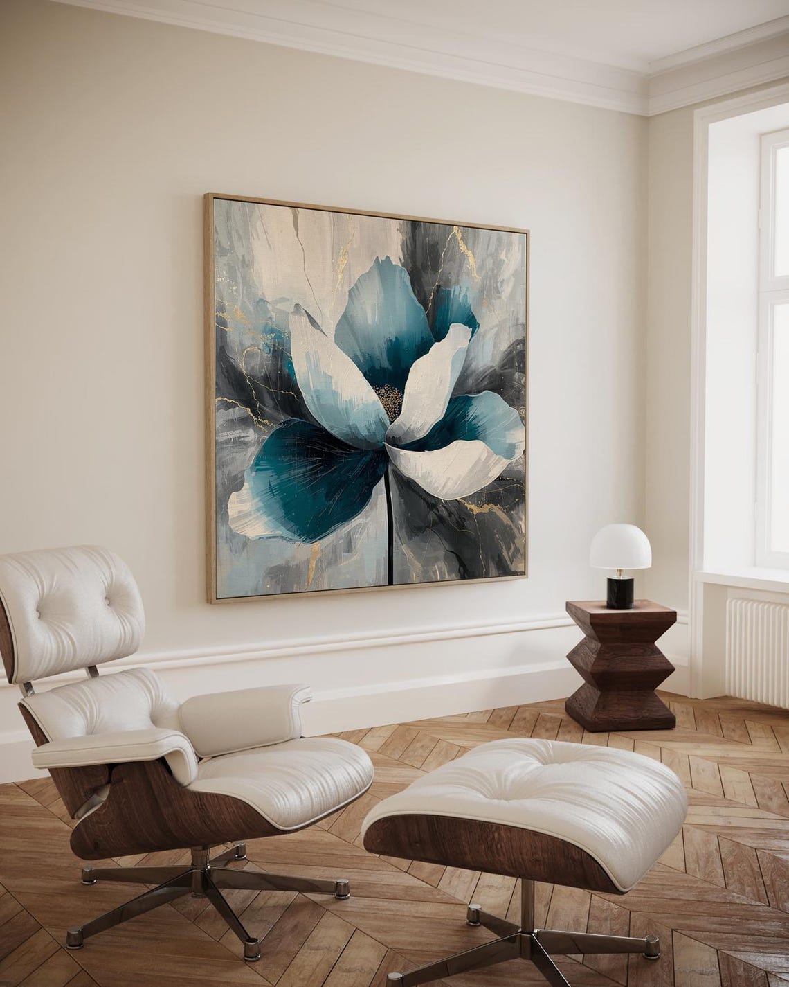 Teal White Flower Large Botanical Marble Gold Detail Art Poster