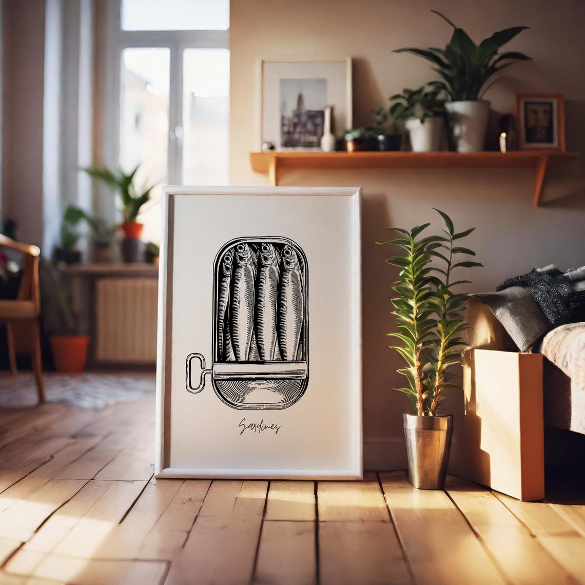 Vintage Sardines Tin Black Ink Fish Illustration Retro Kitchen Poster - Image 2