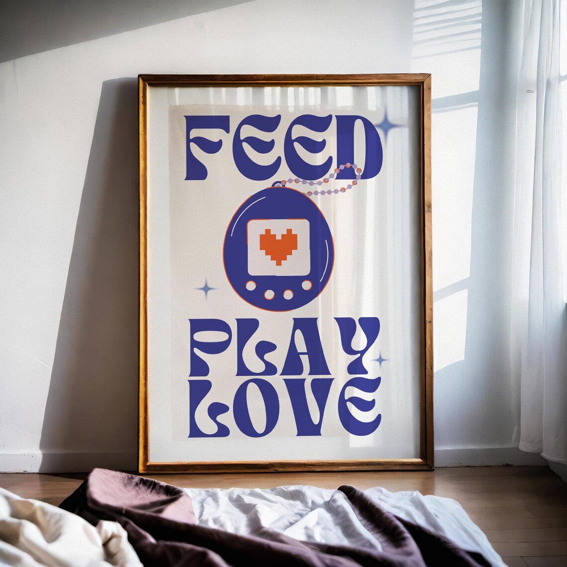 Blue Retro Digital Pet Tamagotchi Feed Play Love 90s Nostalgia Poster