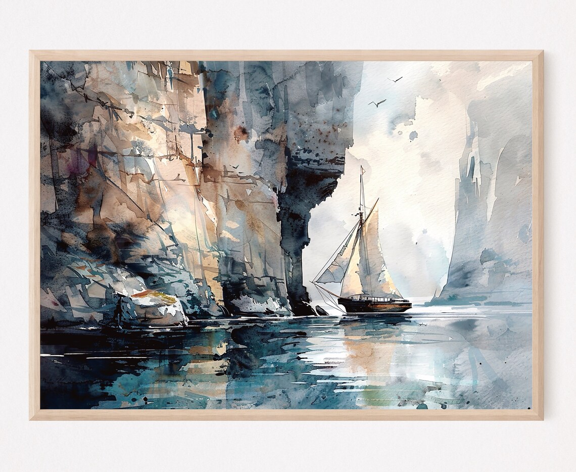 Irish Cliffs With Sailing Boat Watercolor Art Print