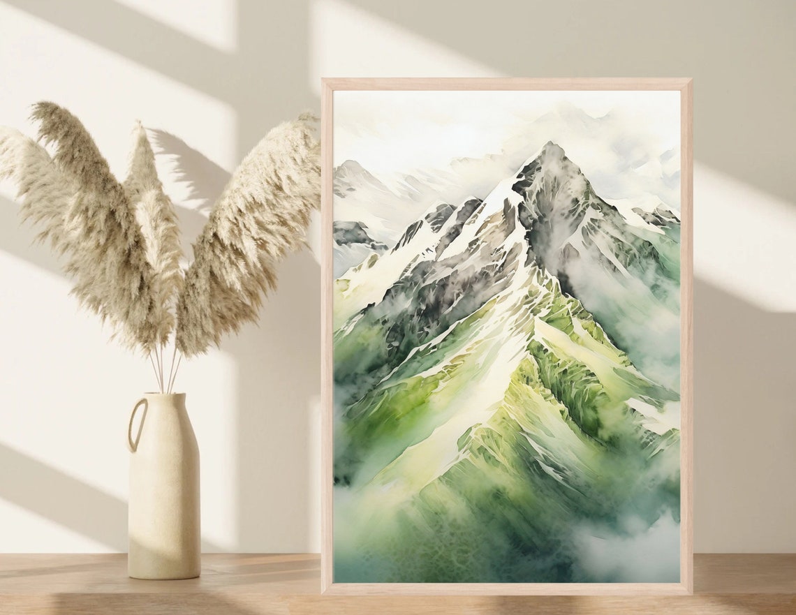 Emerald Mountain Peak Rising Through Soft Mist Watercolor Poster - Image 3