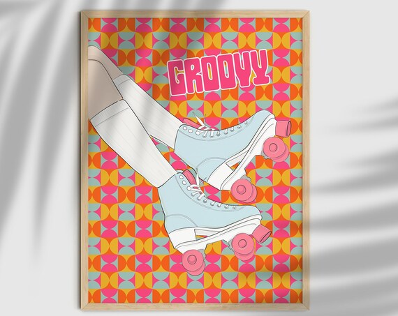 Groovy Retro Roller Skates Geometric Orange Pink 70s Skating Poster