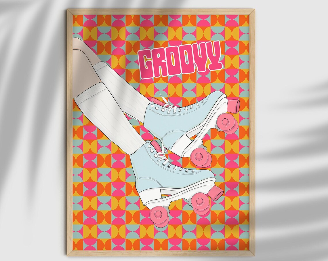 Groovy Retro Roller Skates Geometric Orange Pink 70s Skating Poster