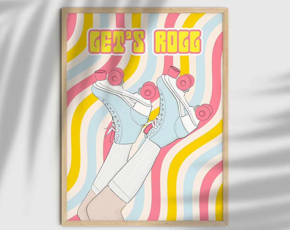 Lets Roll Retro Roller Skates Blue Skates Groovy 70s Skating Poster - Image 3