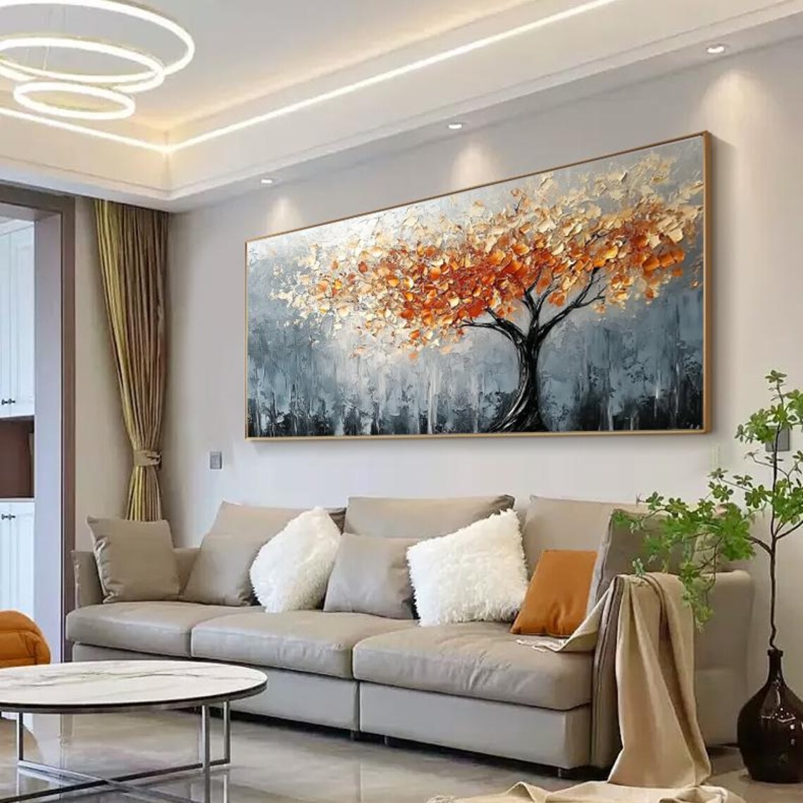Autumn Tree Of Life Orange Leaves On Grey Forest Painting Poster - Image 5