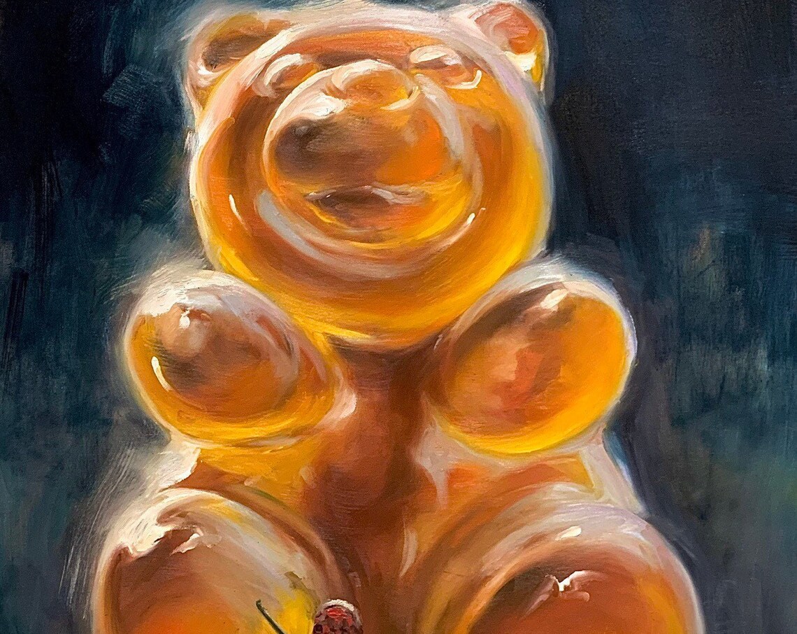Giant Amber Gummy Bear Hyperrealist Oil Painting Sweet Poster