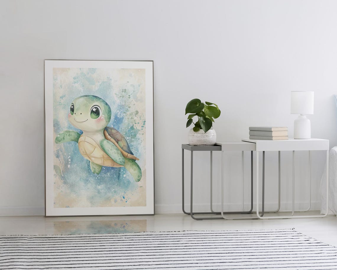 Cute Baby Sea Turtle Kawaii Watercolor Ocean Nursery Art Poster - Image 2