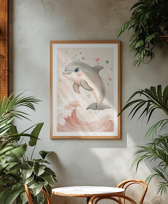 Cute Baby Dolphin Leaping Over Pastel Wave Ocean Nursery Poster