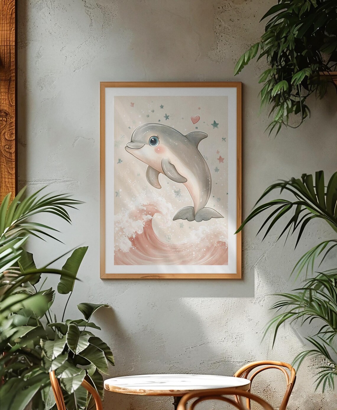 Cute Baby Dolphin Leaping Over Pastel Wave Ocean Nursery Poster