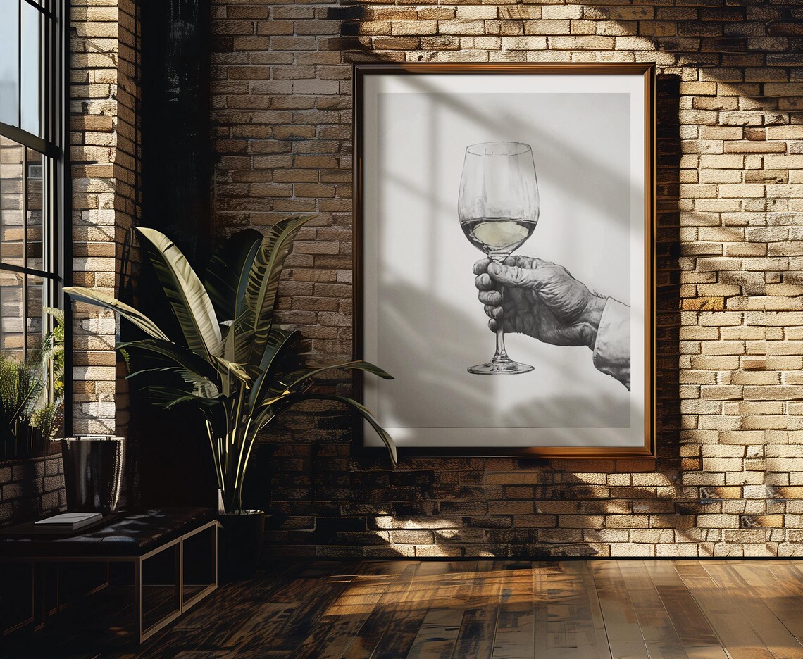 Hand Holding Wine Glass Minimalist Black And White Sketch Art Poster - Image 3