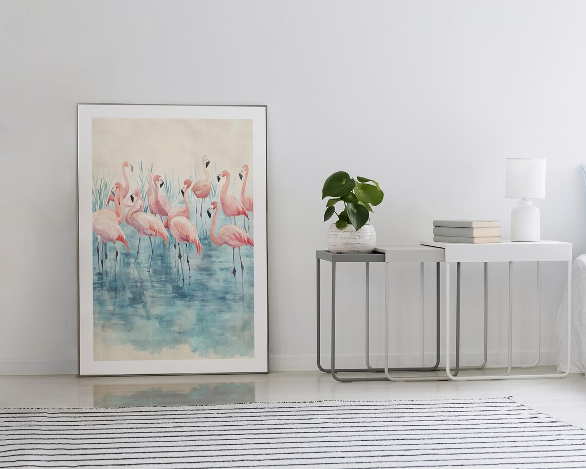 Pink Flamingo Flock in Turquoise Water Watercolor Nature Poster - Image 2