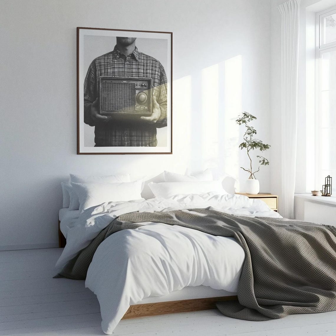 Man In Plaid Holding Vintage Radio Black And White Retro Poster - Image 3