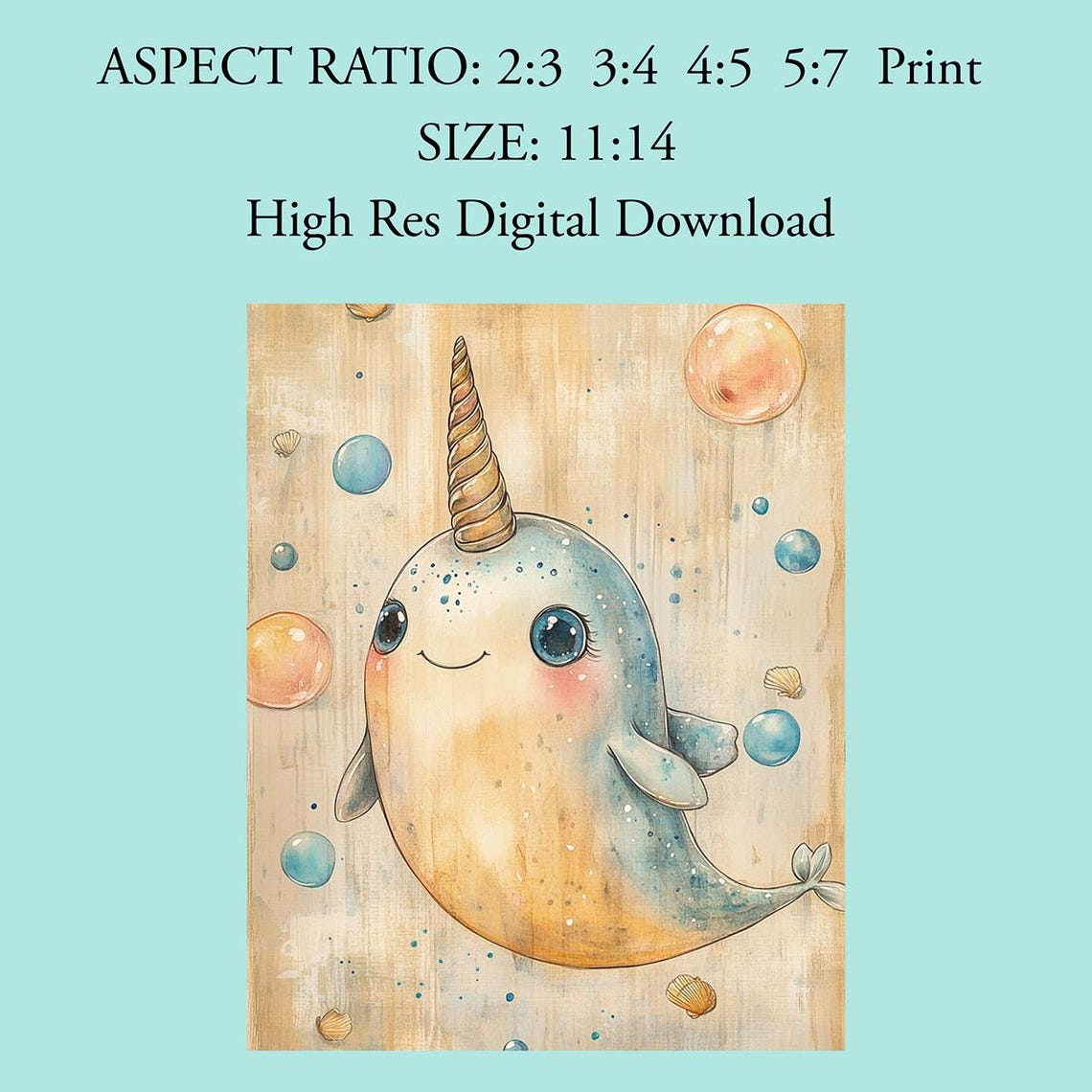 Cute Narwhal With Bubbles And Shells Ocean Nursery Room Poster - Image 4