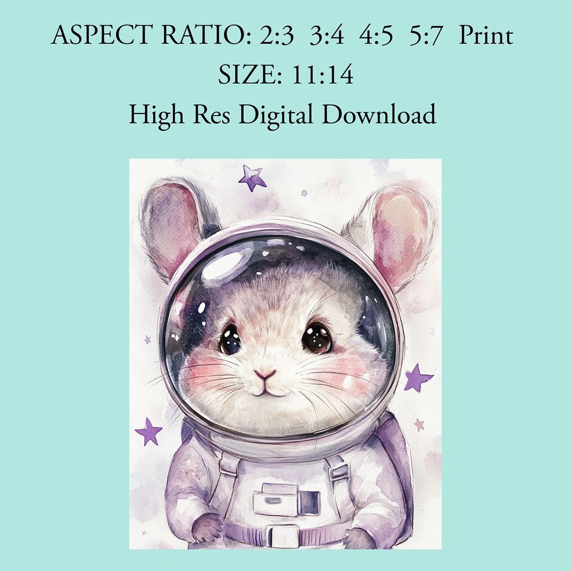 Whimsical Astronaut Mouse In Helmet Purple Stars Nursery Poster - Image 4