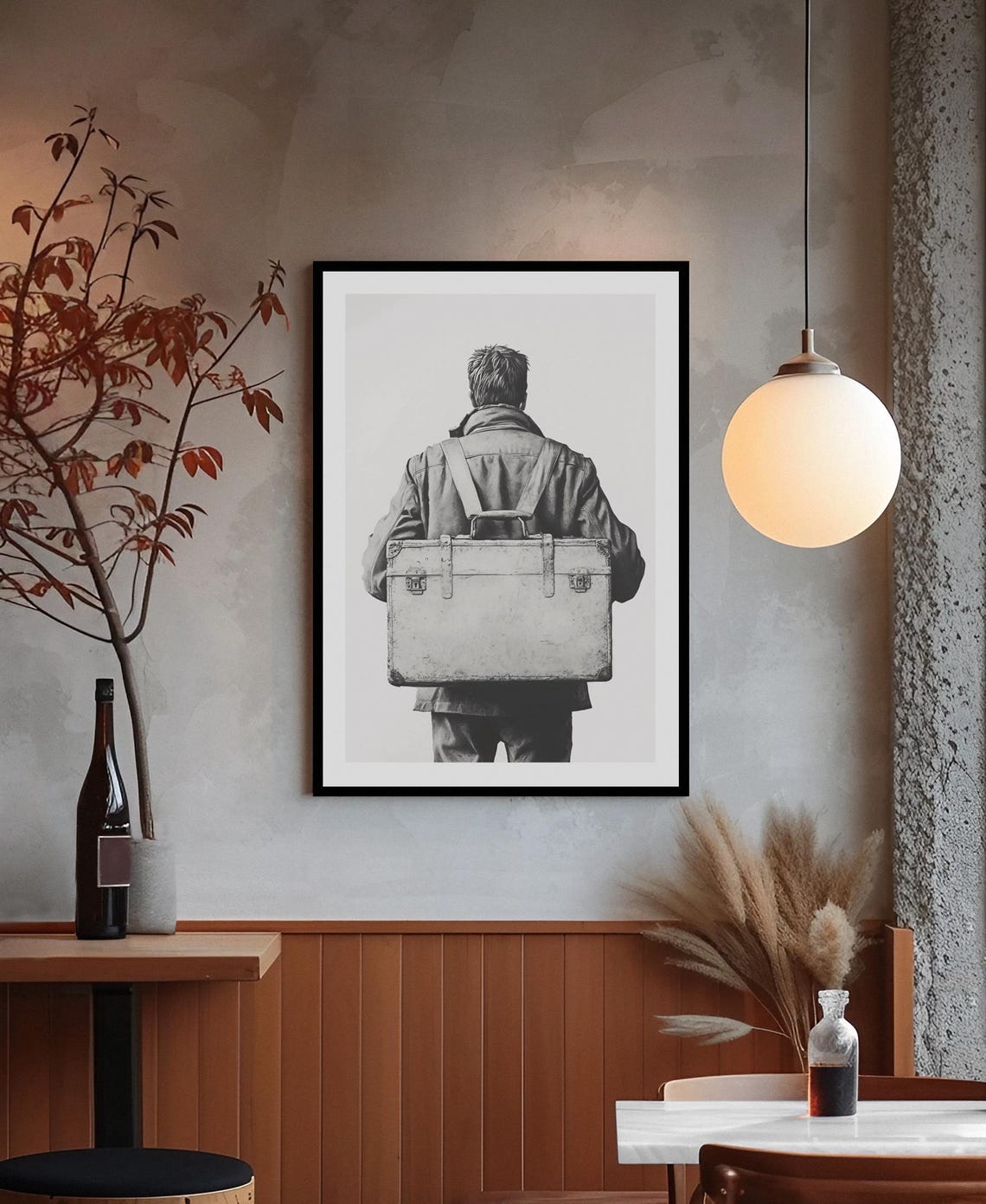 Mysterious Traveler Walking Away With Vintage Suitcase Back Poster - Image 2
