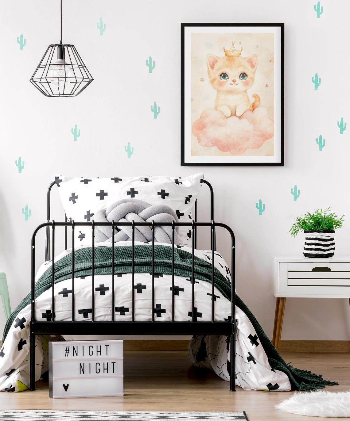 Cute Kitten With Golden Crown On Pink Cloud Nursery Room Poster - Image 2