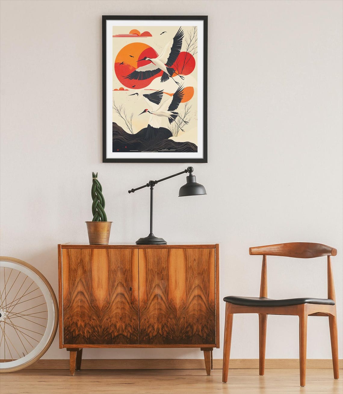 Flying Red Crowned Cranes Over Red Sun Japanese Style Poster - Image 2