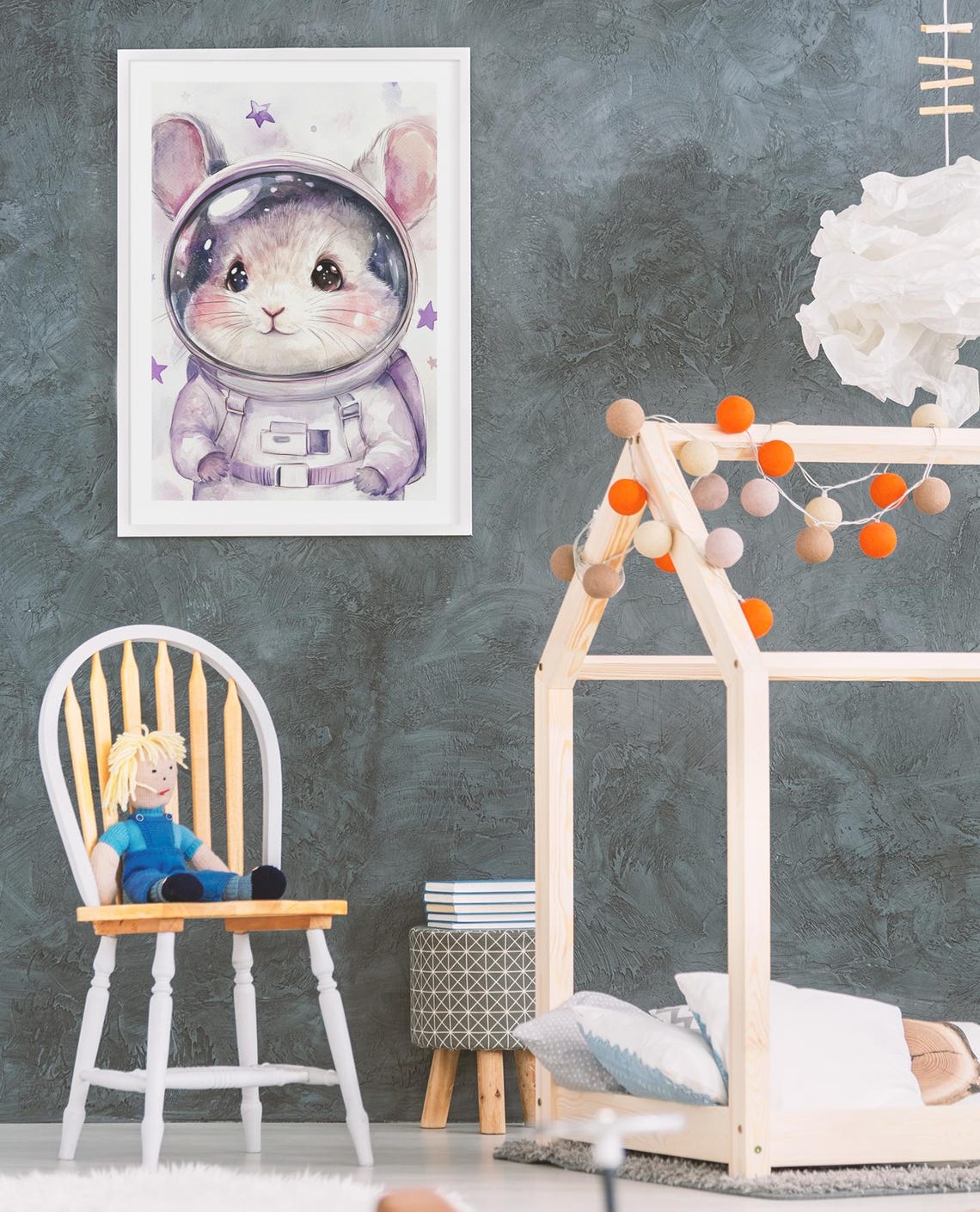 Whimsical Astronaut Mouse In Helmet Purple Stars Nursery Poster - Image 3