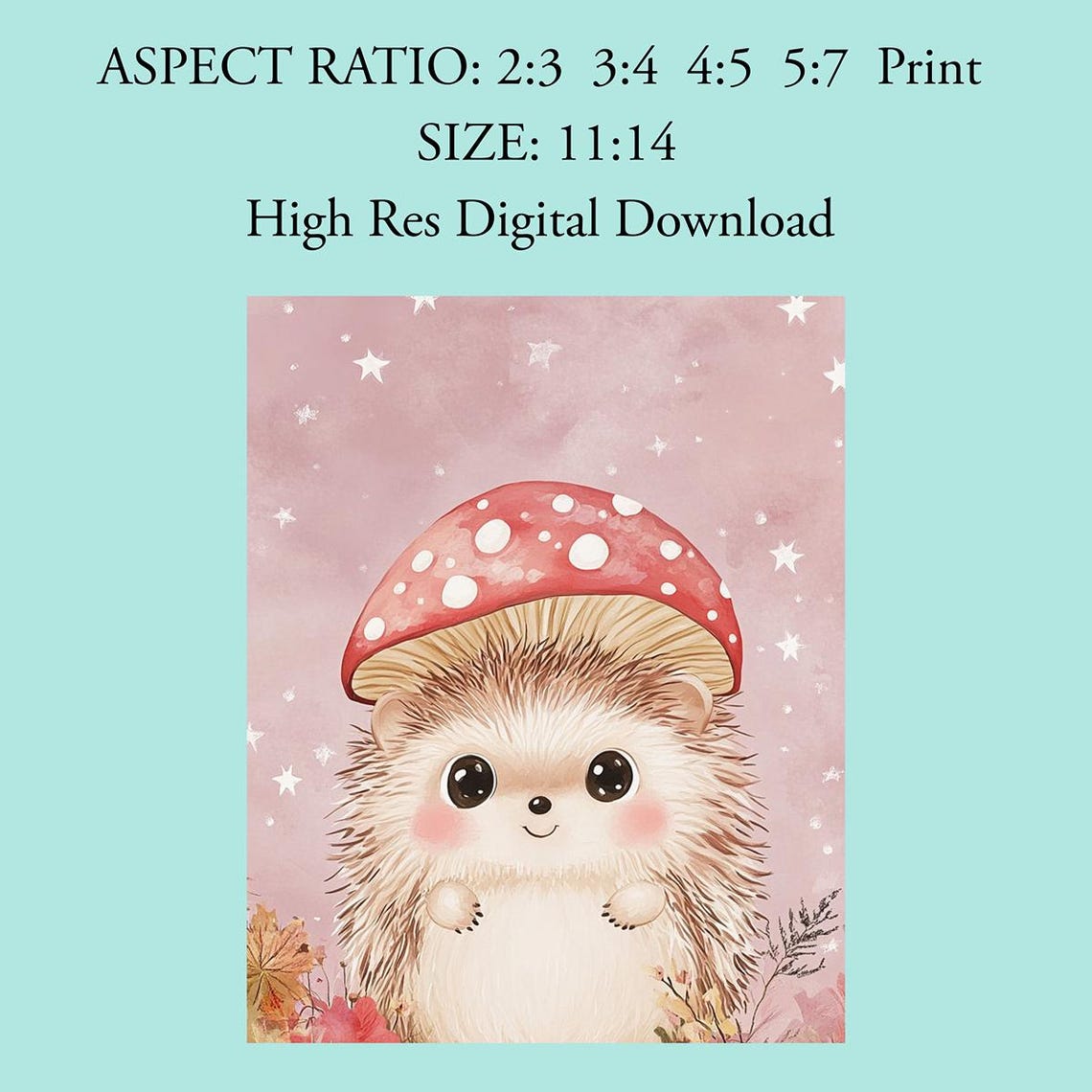 Adorable Hedgehog With Mushroom Hat Pink Starry Nursery Poster - Image 4