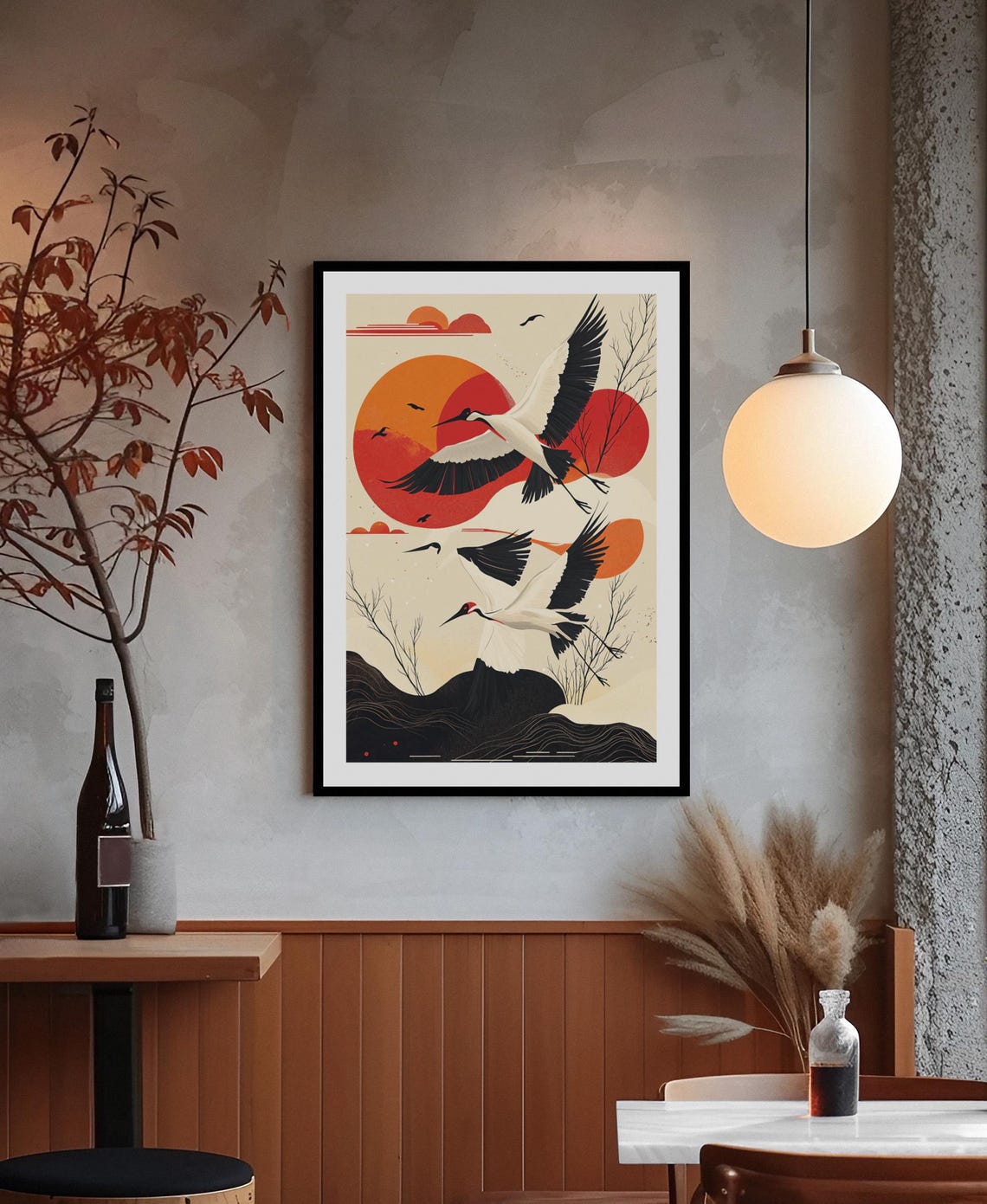 Flying Red Crowned Cranes Over Red Sun Japanese Style Poster