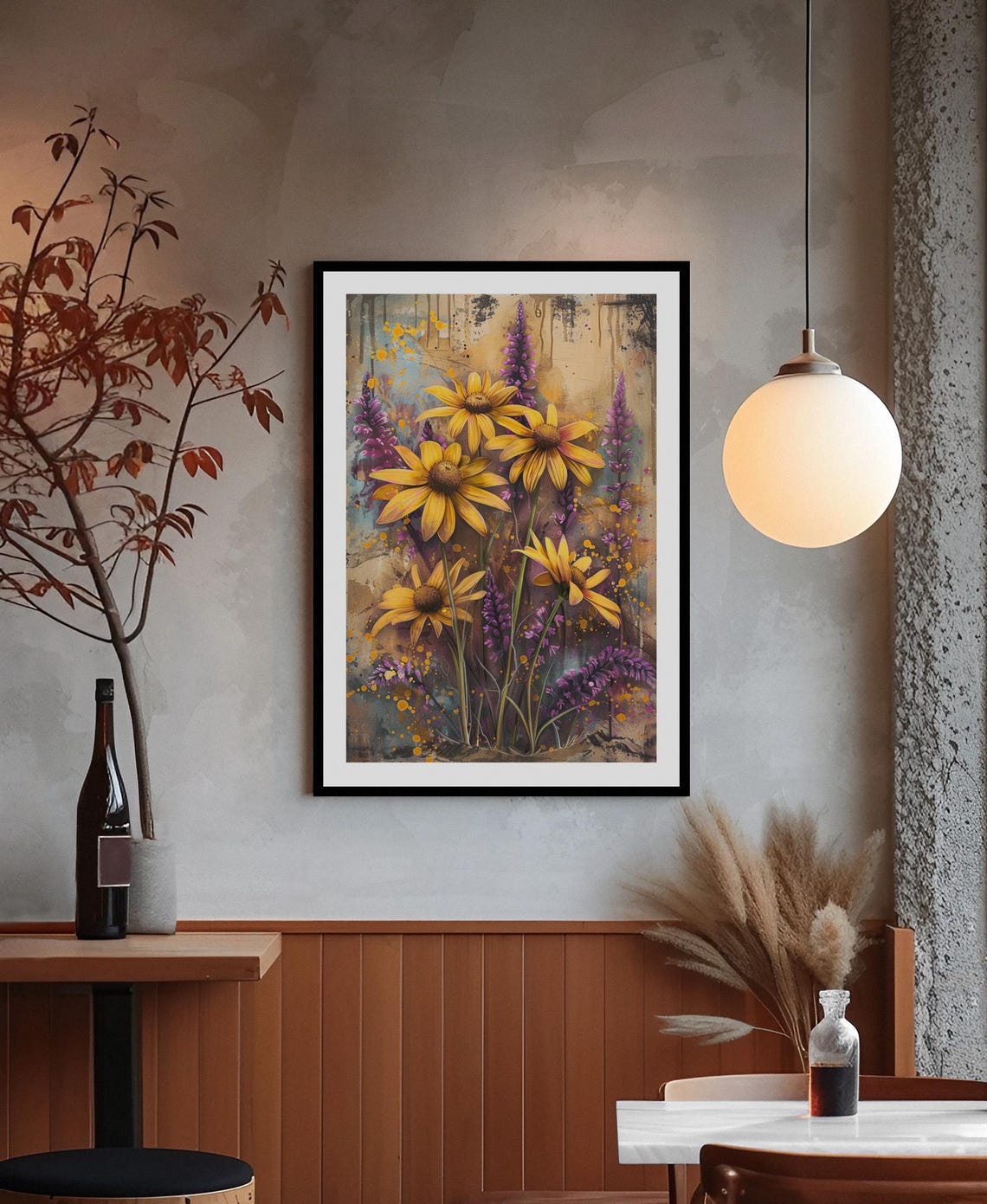 Sunflowers With Purple Lavender Rustic Watercolor Floral Poster